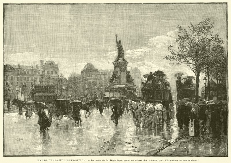 Paříž během výstavy, Place de la Republique, místo odjezdu vozů na výstavu, za deštivého dne (rytina) od French School