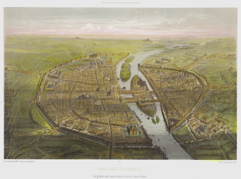 Paris Under Francois 1st, Celkový pohled z ptačí perspektivy ze starých plánů a nákresů (barevné lito) od French School