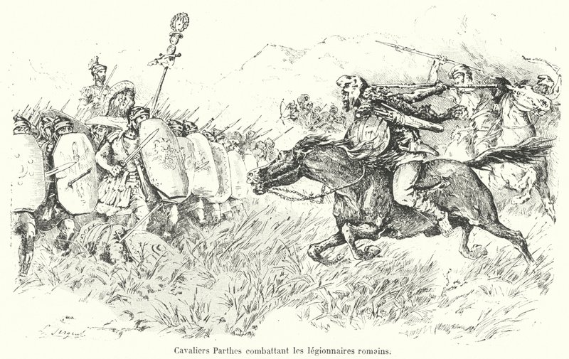 Parthská jízda útočící na římské legionáře (rytina) od French School