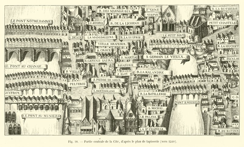 Centrální část Cite, podle gobelínového plánu, kolem roku 1540 od French School