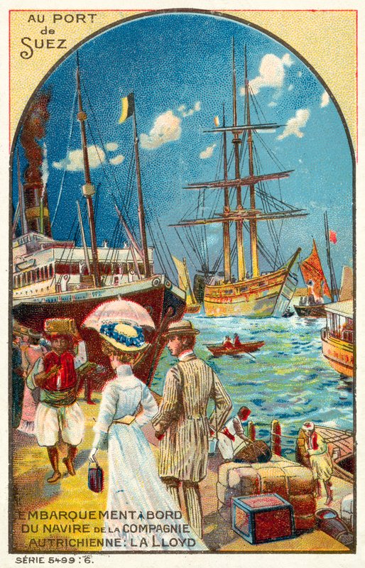 Cestující nastupující na loď rakouské linie Lloyd v přístavu Suez, Egypt (chromolitho) od French School