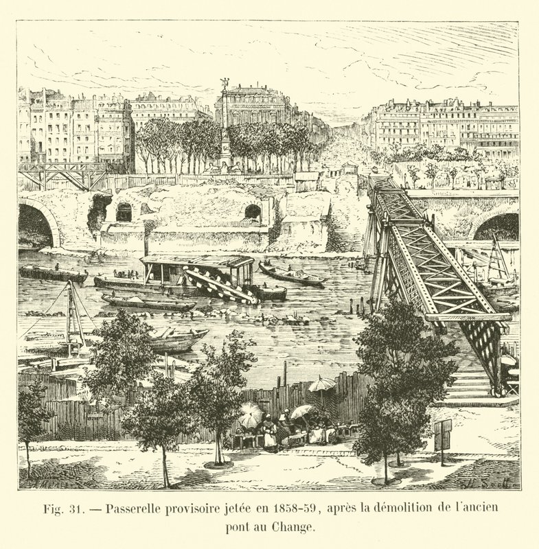Provizorní lávka svržená v letech 1858-59 po demolici starého Pont au Change od French School