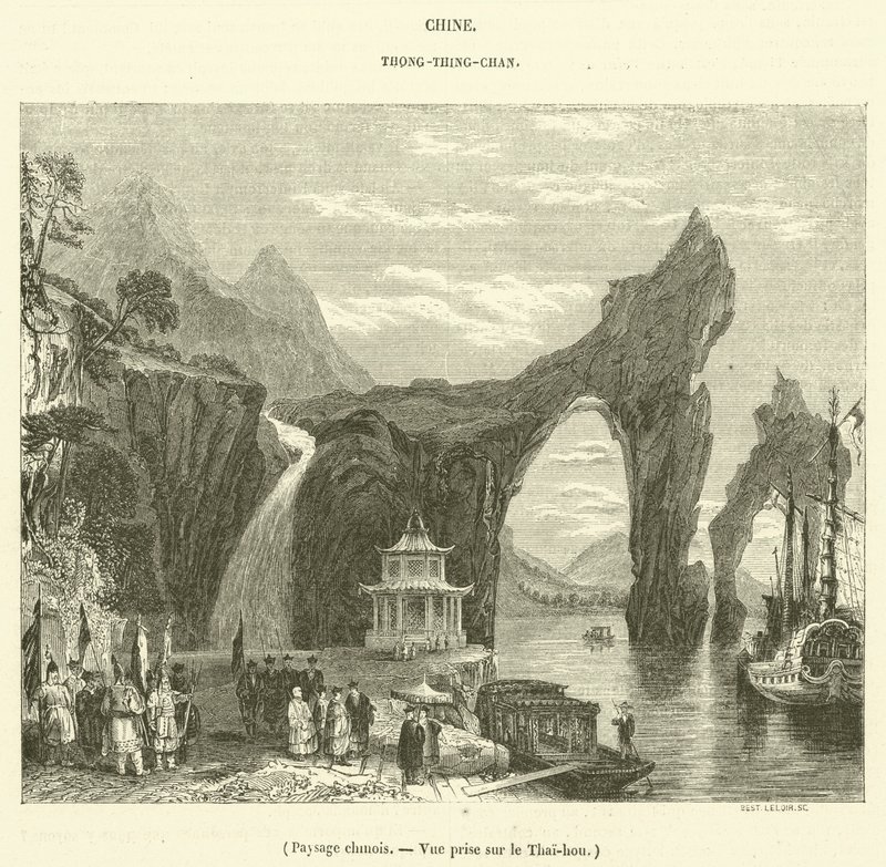 Čínská krajina, pohled na Thai-hou (rytina) od French School