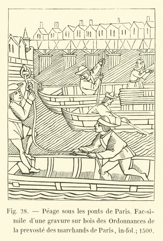 Peage sous les ponts de Paris, Faksimile dřevorytu Ordinance prevosta pařížských obchodníků, in-fol; 1500 od French School