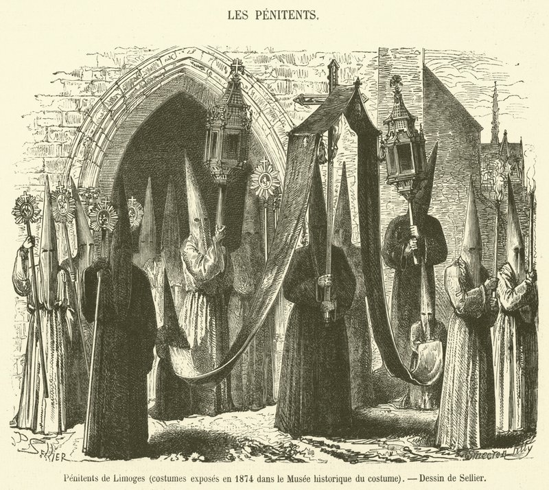 Penitents of Limoges, kostýmy vystavené v roce 1874 v Muzeu historických kostýmů (rytina) od French School