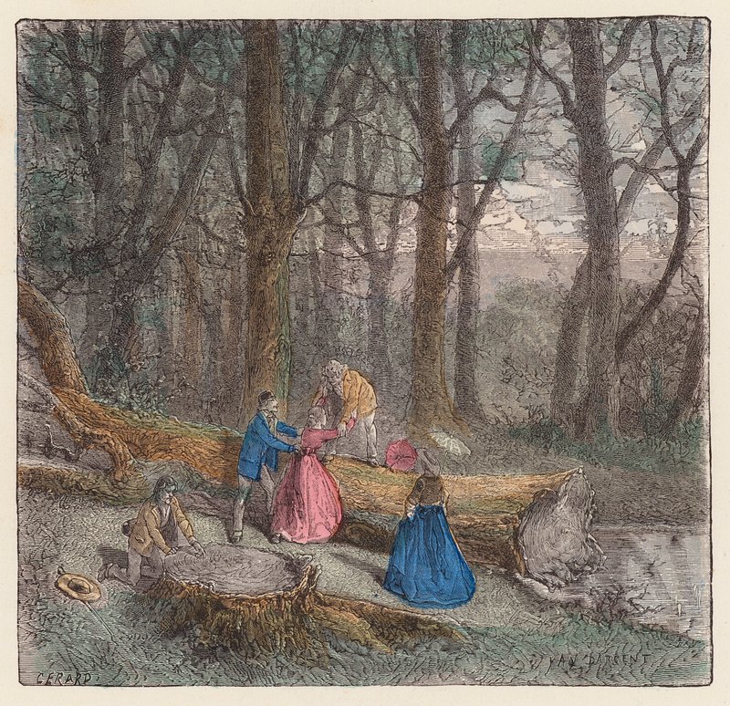 Lidé lezoucí přes pokácený strom (barevná rytina) od French School