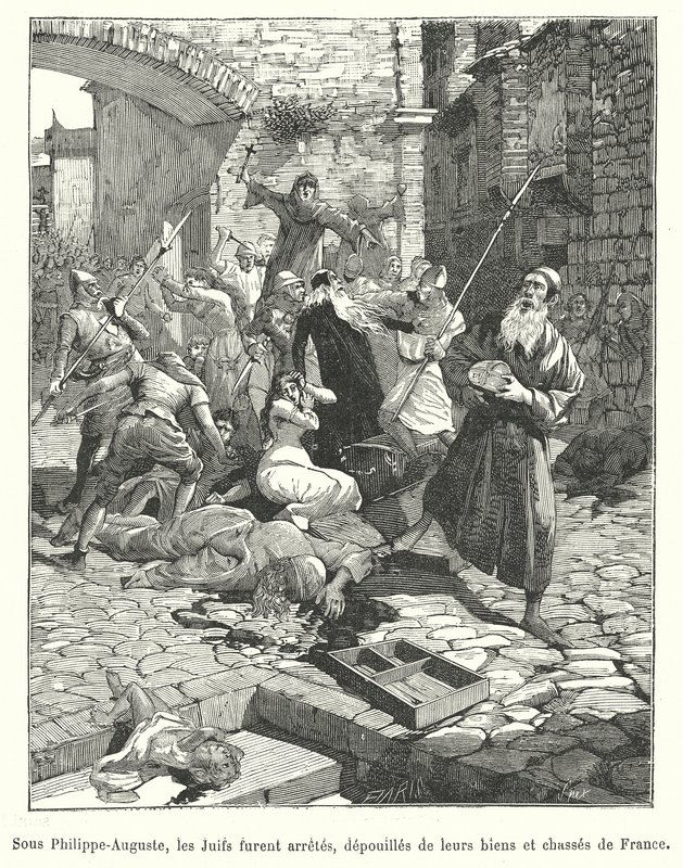 Pronásledování francouzských Židů za vlády krále Filipa Augusta, konec 12. století (rytina) od French School
