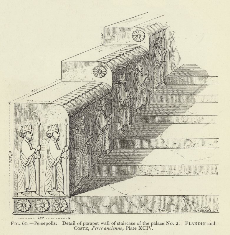 Persepolis, Detail parapetní stěny schodiště paláce č. 2 (rytina) od French School