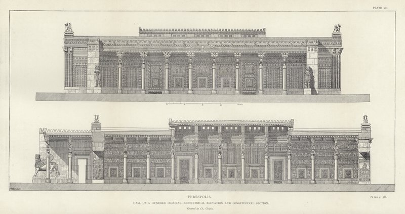 Persepolis, síň sta sloupů, geometrický nárys a podélný řez, restauroval Ch Chipiez od French School