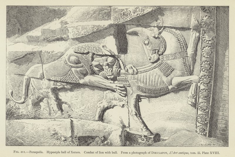 Persepolis, hypostylová síň Xerxes, boj lva s býkem od French School