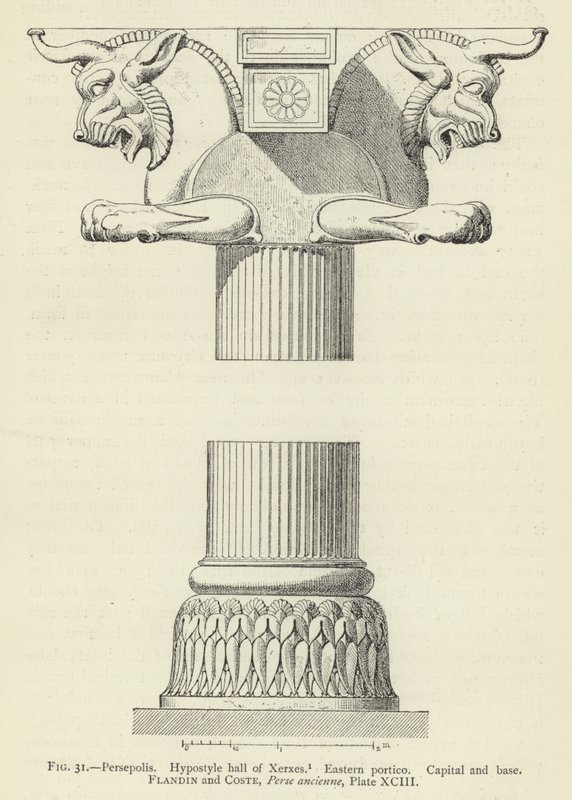 Persepolis, hypostylový sál Xerxes, východní portikus, hlavní město a základna od French School
