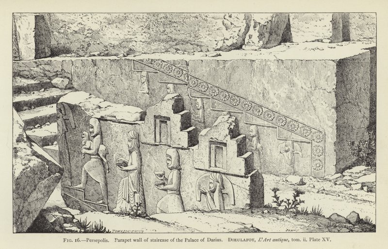 Persepolis, parapetní zeď schodiště paláce Darius od French School