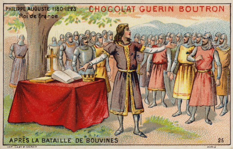 Philip Augustus, král Francie, po bitvě u Bouvines (chromolitho) od French School