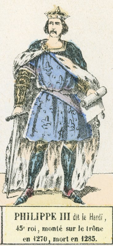 Philippe III dit le Bold, 45. král, nastoupil na trůn v roce 1270, zemřel v roce 1285 (barevná rytina) od French School