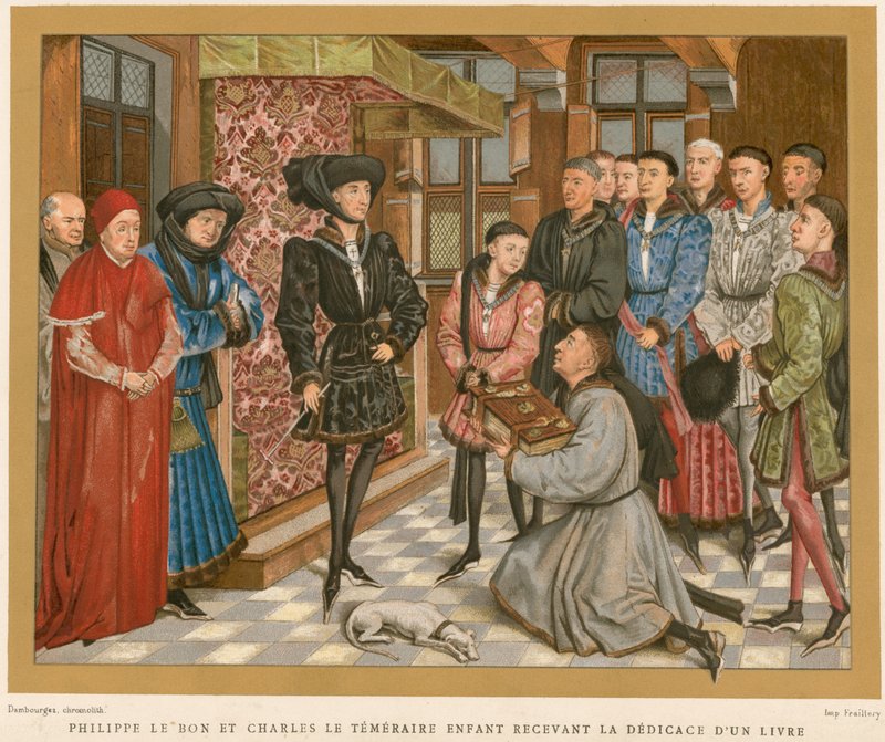 Philippe Dobrý a Charles Neohrožený přijímající věnování knihy od French School