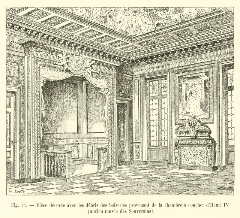 Místnost zdobená dřevěnými troskami z ložnice Jindřicha IV., bývalého Sovereigns Museum od French School