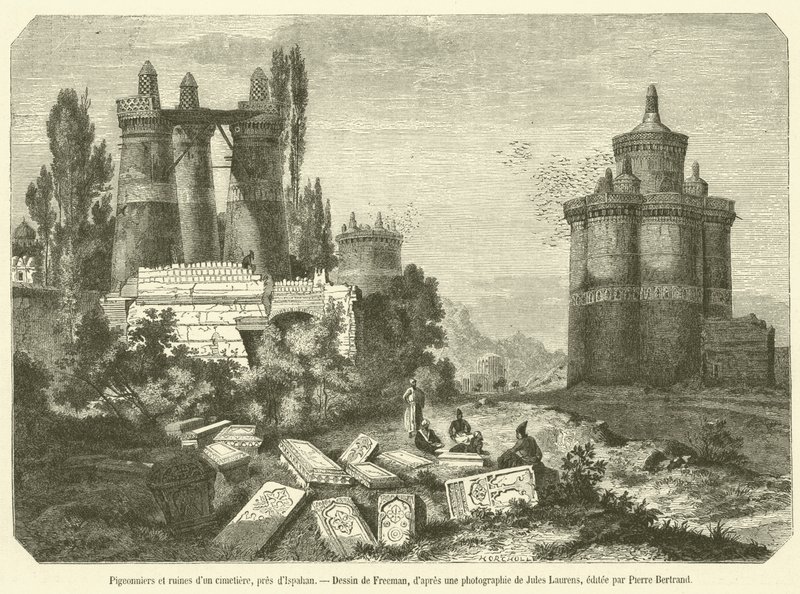 Holubníky a ruiny hřbitova, poblíž Ispahan (rytina) od French School