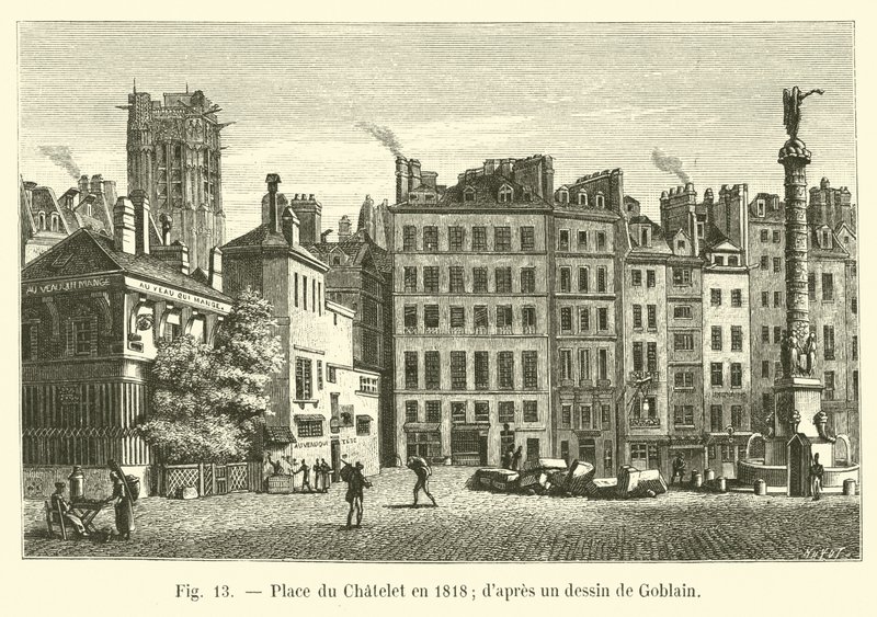 Place du Chatelet v roce 1818; po kresbě Gobelínem od French School