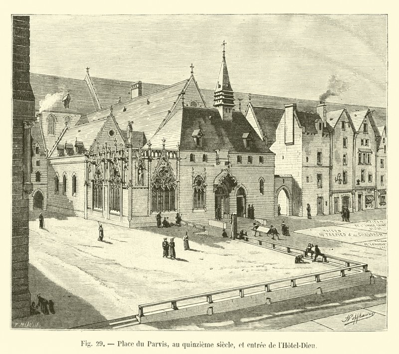 Place du Parvis, v patnáctém století, a vstup do Hôtel-Dieu od French School