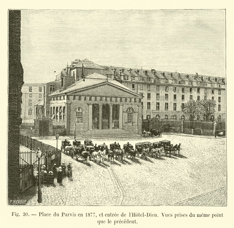 Place du Parvis v roce 1877 a vstup do Hôtel-Dieu, pohledy ze stejného bodu jako předchozí od French School