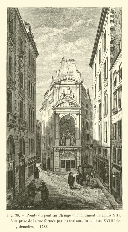 Point of the Pont au Change a památník Ludvíka XIII., Pohled z ulice tvořené domy mostu v 18. století, zbořeného v roce 1788 od French School