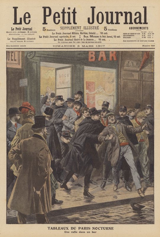 Policejní razie v pařížském baru v noci (barva litho) od French School