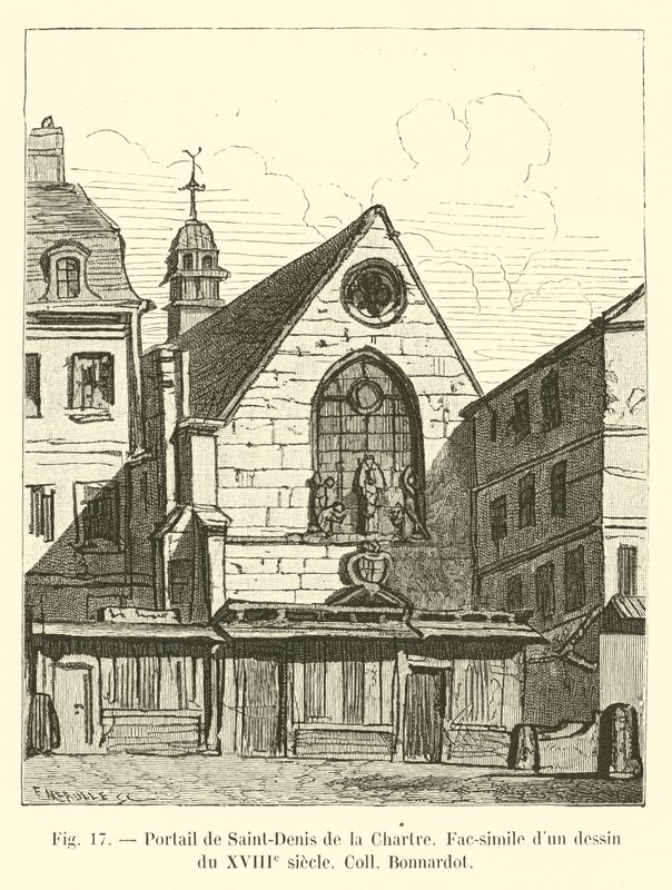 Portál Saint-Denis de la Chartre, faksimile kresby z 18. století Coll Bonnardot od French School