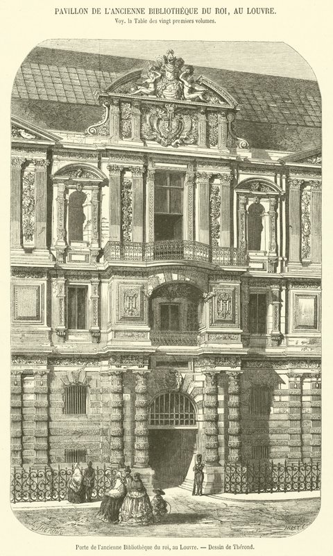Dveře bývalé královské knihovny, v Louvru (rytina) od French School