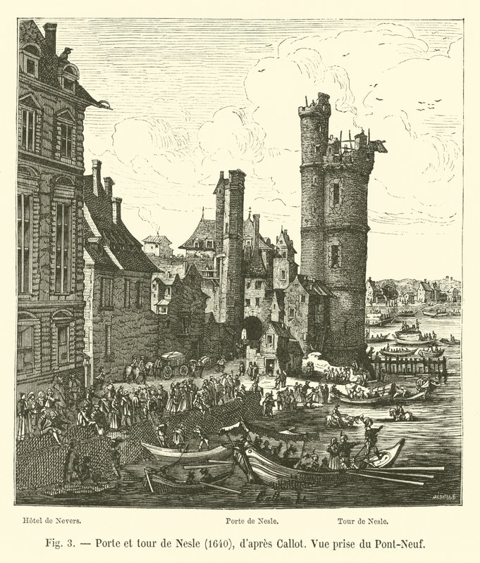 Brána a věž Nesle, 1640, po Callotovi, pohled z Pont-Neuf od French School