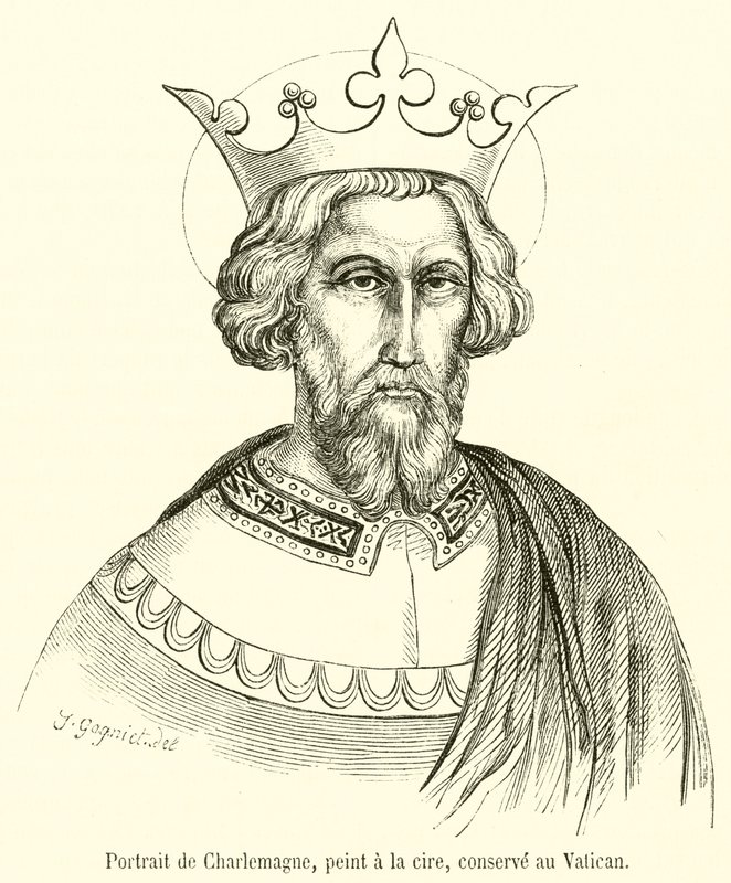 Portrét Karla Velikého, malovaný voskem, uchovávaný ve Vatikánu (rytina) od French School