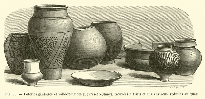 Galská a galsko-římská keramika, Sevres-et-Cluny, nalezená v Paříži a okolí, zmenšená na čtvrtinu od French School