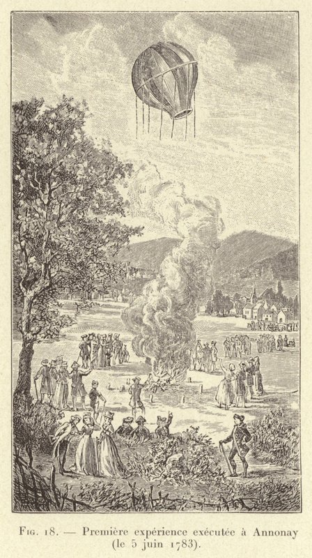 První experiment proveden v Annonay (5. června 1783) (rytina) od French School