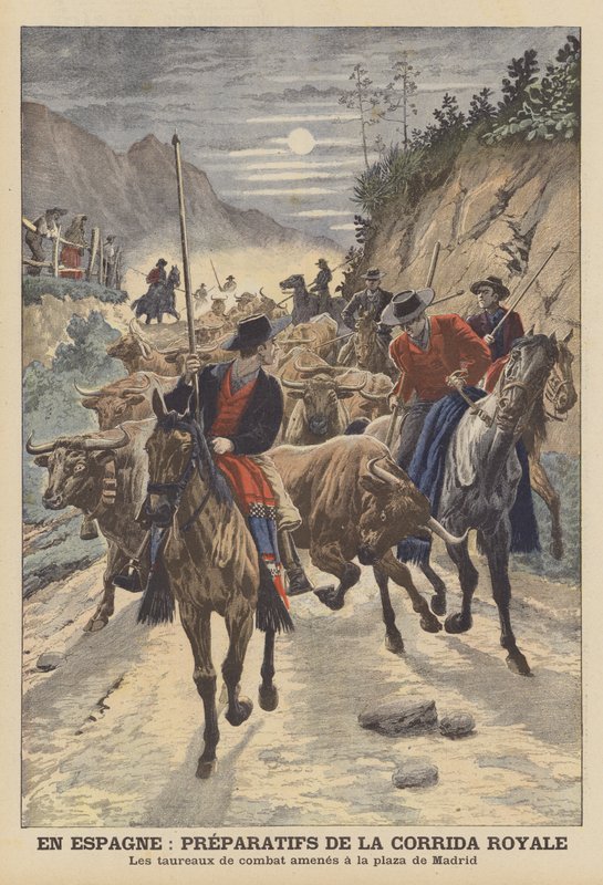 Přípravy na býčí zápasy na oslavu svatby španělského krále Alfonse XIII (barevné lito) od French School