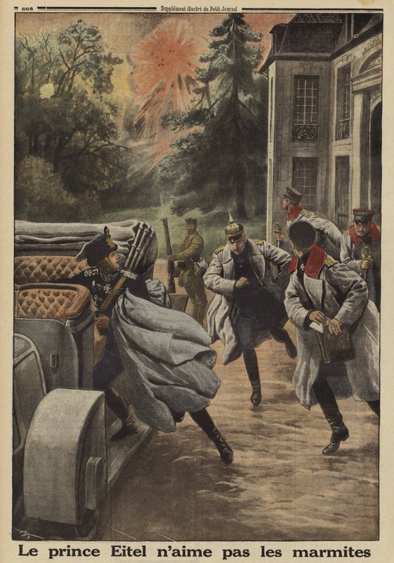 Pruský princ Eitel Friedrich, druhý syn německého císaře Viléma II., prchá v panice, když je jeho velitelství na zámku Temple-la Fosse ostřelováno francouzským dělostřelectvem během bitvy na Sommě, 1. světová válka. od French School