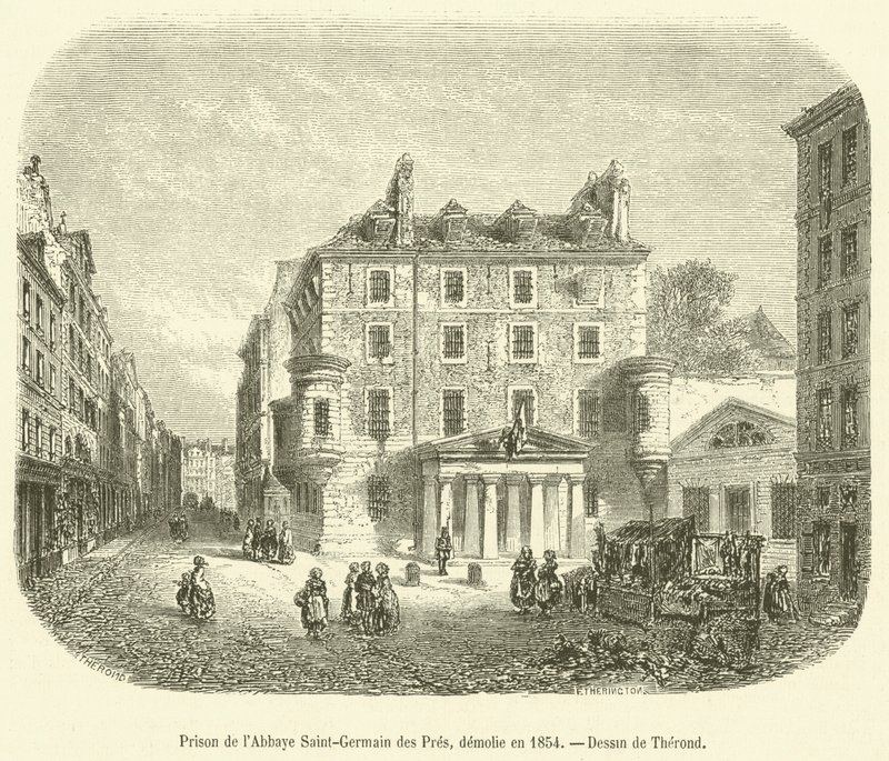 Vězení opatství Saint-Germain des Pres, zbořeno v roce 1854 (rytina) od French School