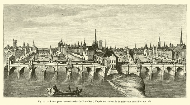 Projekt na stavbu Pont-Neuf, po malbě ve Versailles galerii, z roku 1578 od French School
