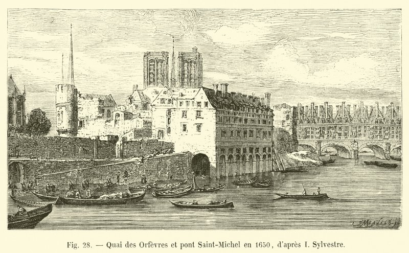 Quai des Orfevres a Pont Saint-Michel v roce 1650, po I Sylvestre od French School