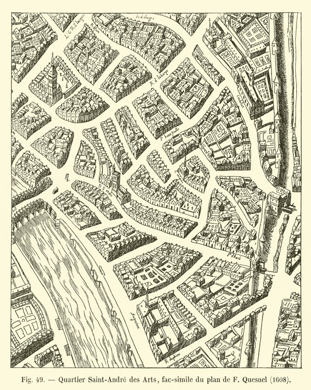 Čtvrť Saint-Andre des Arts, faksimile plánu F Quesnela, 1608 od French School