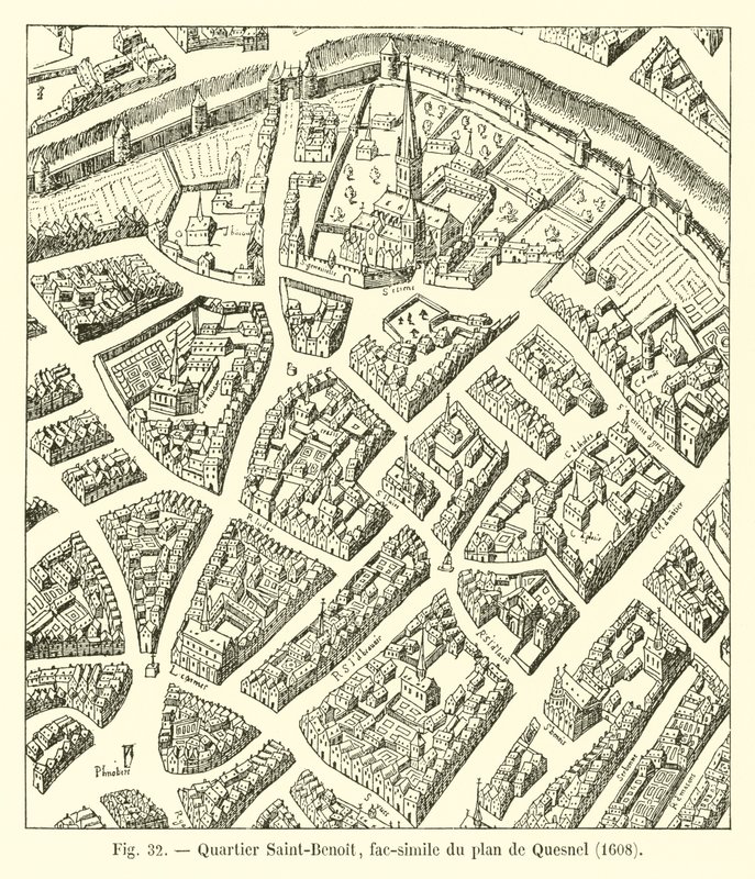 Okres Saint-Benoit, faksimile mapy Quesnel, 1608 od French School