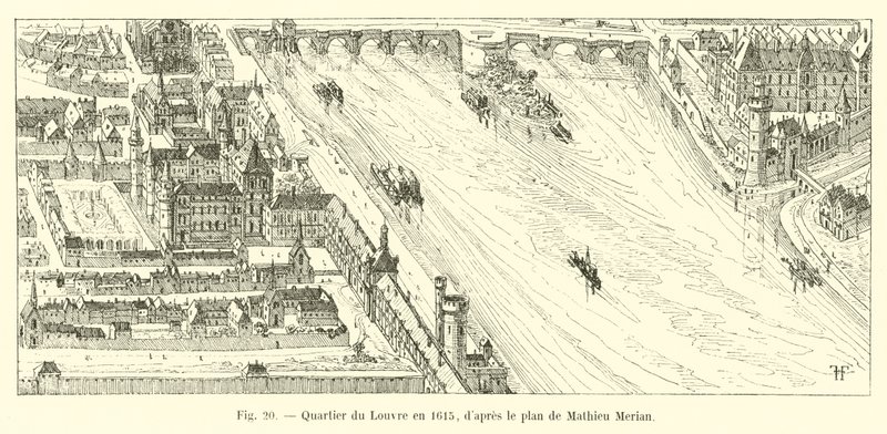 čtvrť Louvre v roce 1615, podle plánu Mathieu Meriana od French School