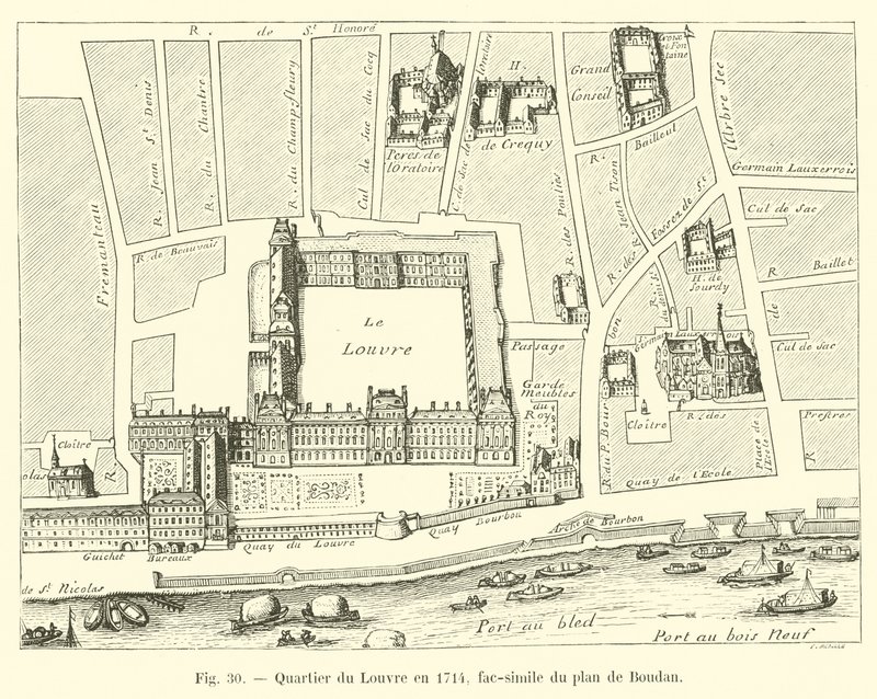 Čtvrť Louvre v roce 1714, faksimile Boudanova plánu od French School