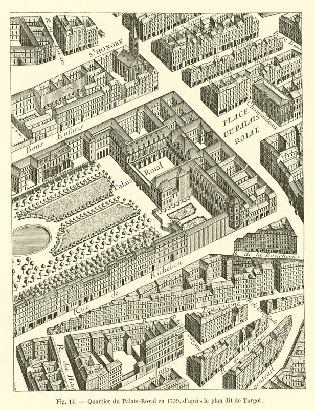 Palais-Royal okres v roce 1739, podle tzv. plánu Turgota od French School
