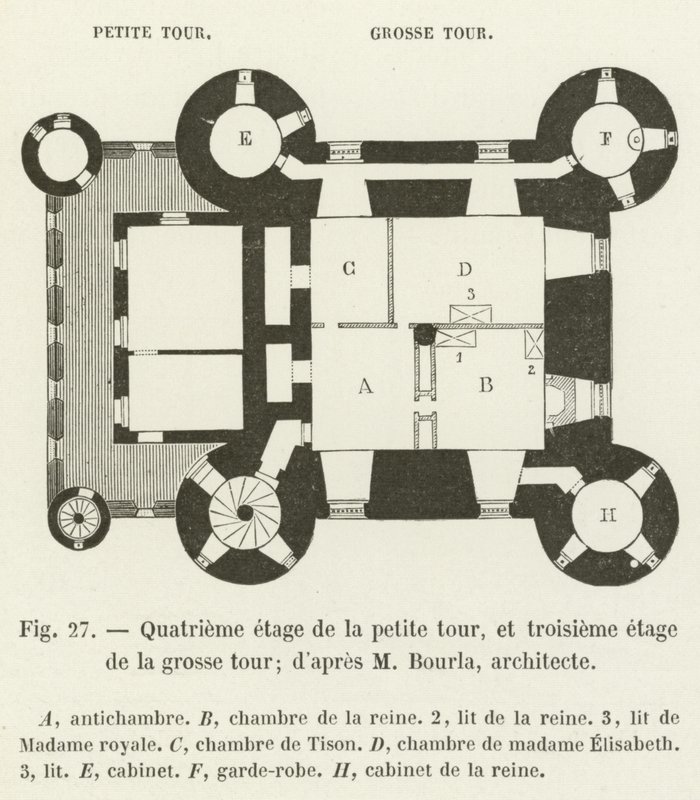 Čtvrté patro malé věže a třetí patro velké věže; podle M Bourly, architekta od French School