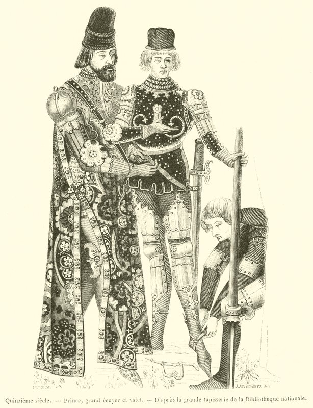 Patnácté století, princ, velký panovník a komorník (rytina) od French School