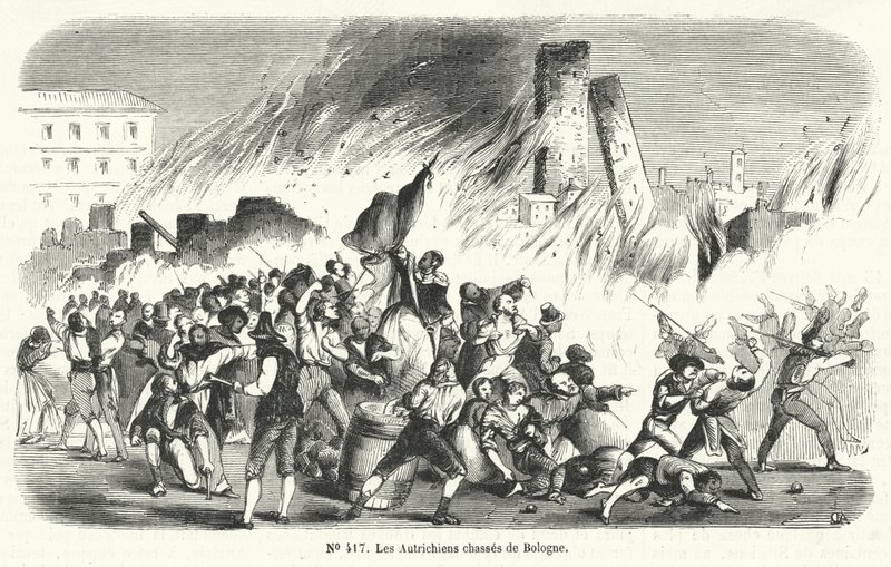 Rebelové vyháněli Rakušany z Bologni v Itálii, 1848 od French School