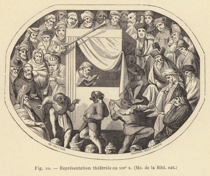 Divadelní představení ve 14. století, paní de la Bibl nat (rytina) od French School