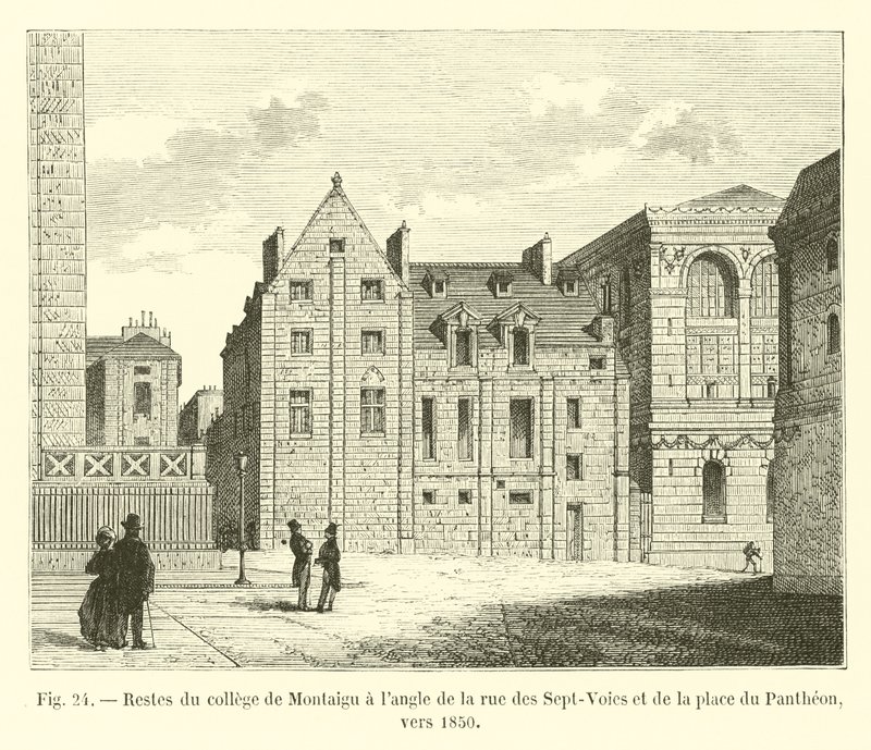 Pozůstatky vysoké školy Montaigu na rohu rue des Sept-Voies a Place du Pantheon, kolem roku 1850 od French School