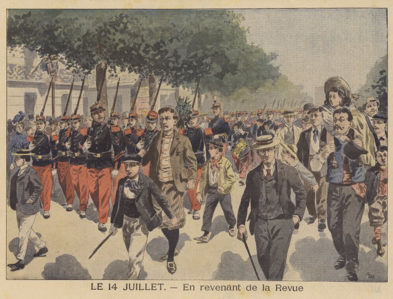 Návrat domů z průvodu Dne Bastily (barevné lito) od French School