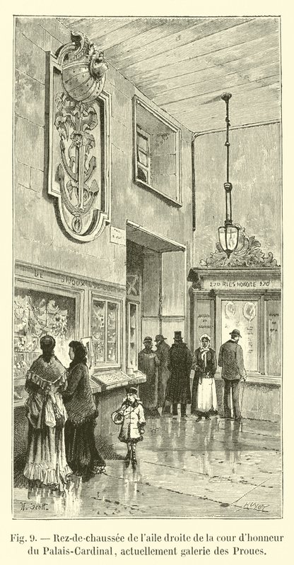 Přízemí pravého křídla hlavního nádvoří Palais-Cardinal, v současnosti galerie Proues od French School