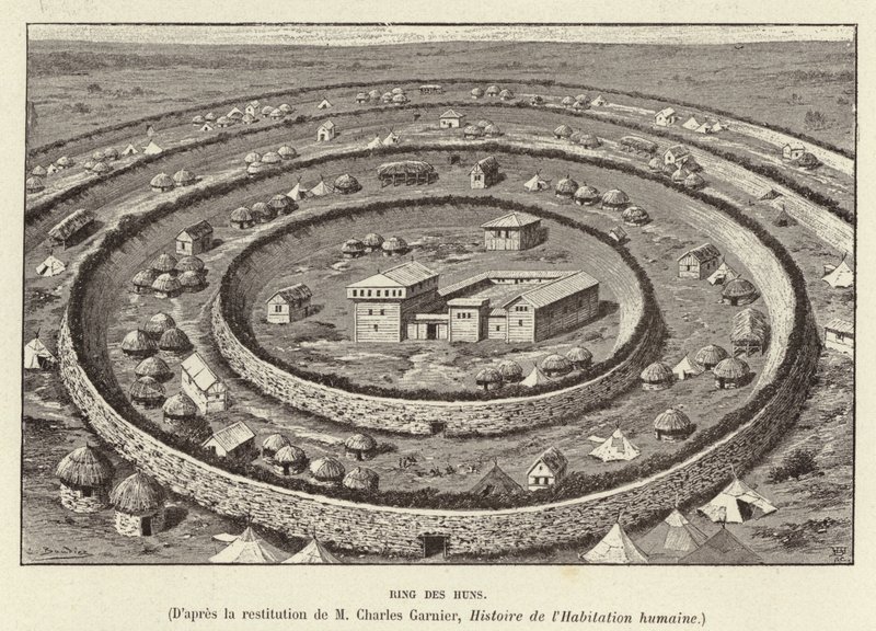 Ring des Huns. Prstencové opevnění chránící osadu Hunů (rytina) od French School